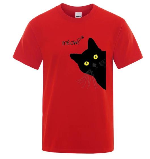 Meow Black Cat Funny Cotton Printed Unisexs and Womens Personalized Tshirt New Fashionable Loose Casual Round Neck Tshirt