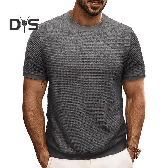 Summer Men Tops Knitted Round Neck Short Sleeves Solid Color Ribbed Elastic T-shirt Slim Fit Pullover Casual Daily Clothes