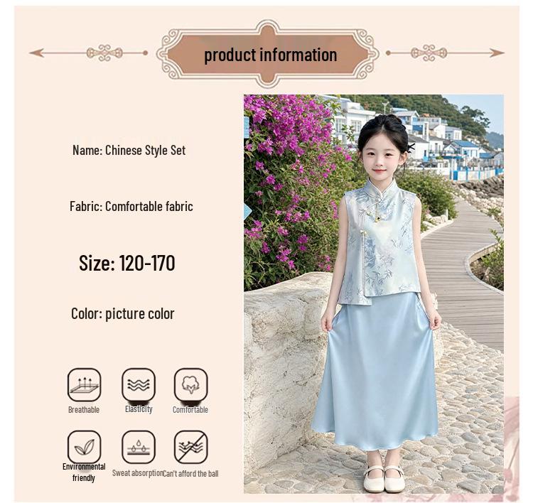 Chinese-Style Girls' Summer Two-Piece Outfit for Medium & Large Children - Retro, Stylish & Comfortable.