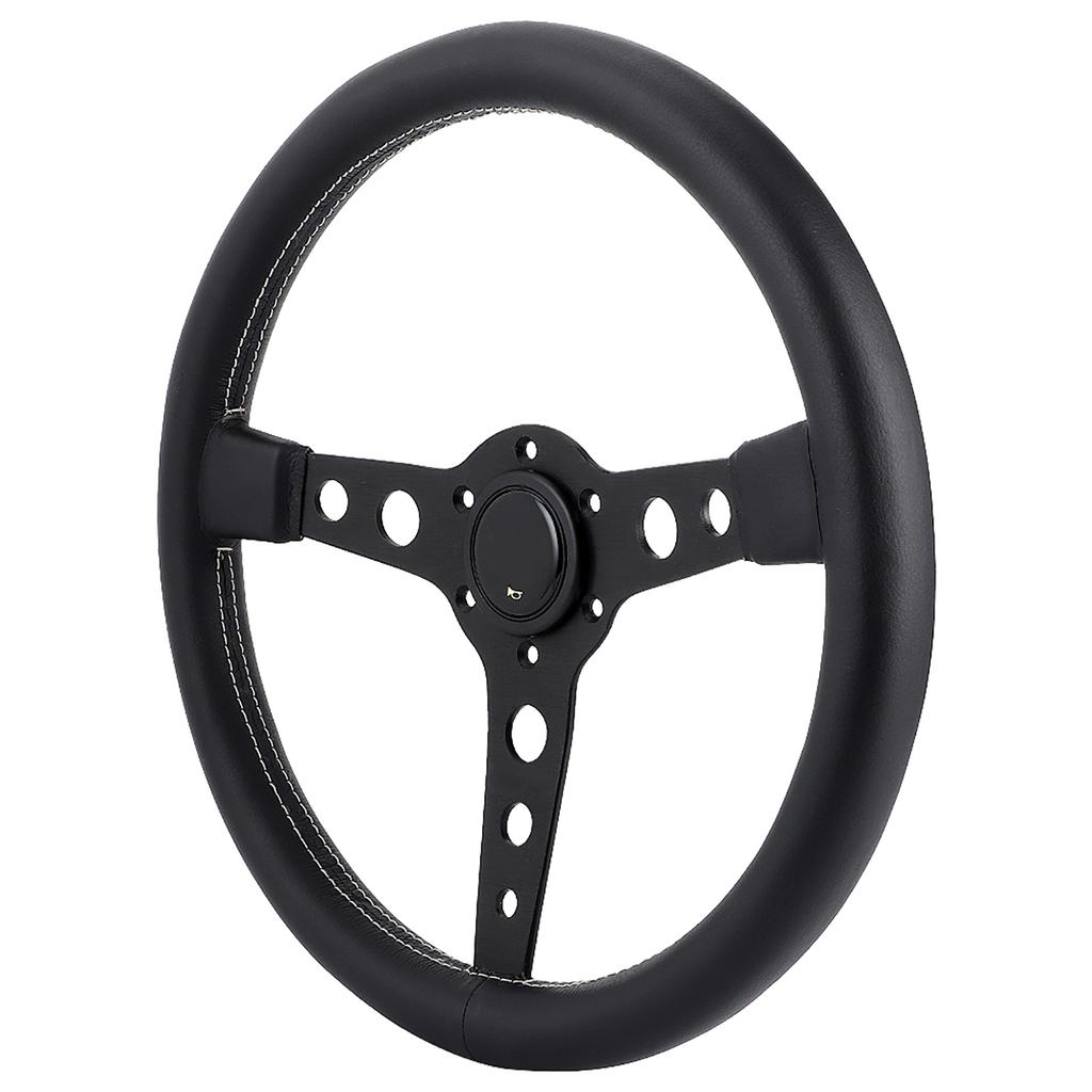 350mm 14in for MOMO Prototipo Style 6‑Bolt Black Leather Racing Steering Wheel Gray Stitching with Horn Button
