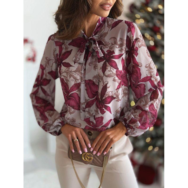 

Cross-Border Foreign Trade European and American Women s Clothing Amazon 2025 Spring New Arrival Fashion Bowknot Chiffon Print Long Sleeves Shirt Gray red flower XL