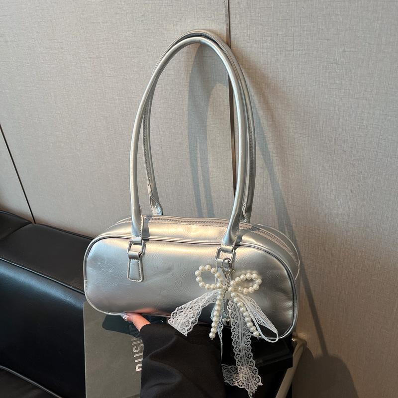 Vintage Elegant Mini Large Capacity Shoulder Bag with Delicate Lace Pearl Bow ,accent Small Fashion Top Handle Bags for Girls