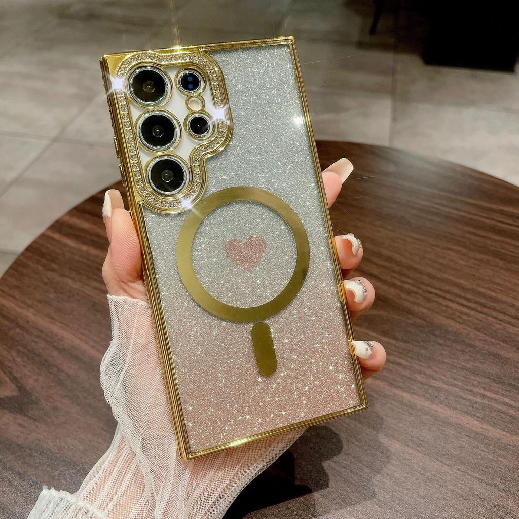 New Samsung S24 Ultra Magnetic Phone Case Gradient Glitter S23plus Rhinestone Love S22 Protection Case
