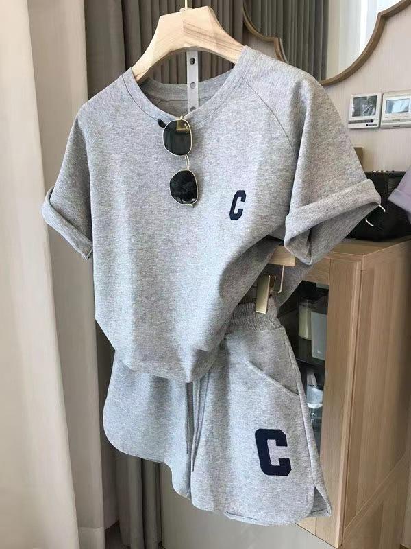 Bestselling Casual Letter Print Sportswear Set with Round Neck, Short Sleeves, and Drawstring Shorts - Perfect for Home or Outings