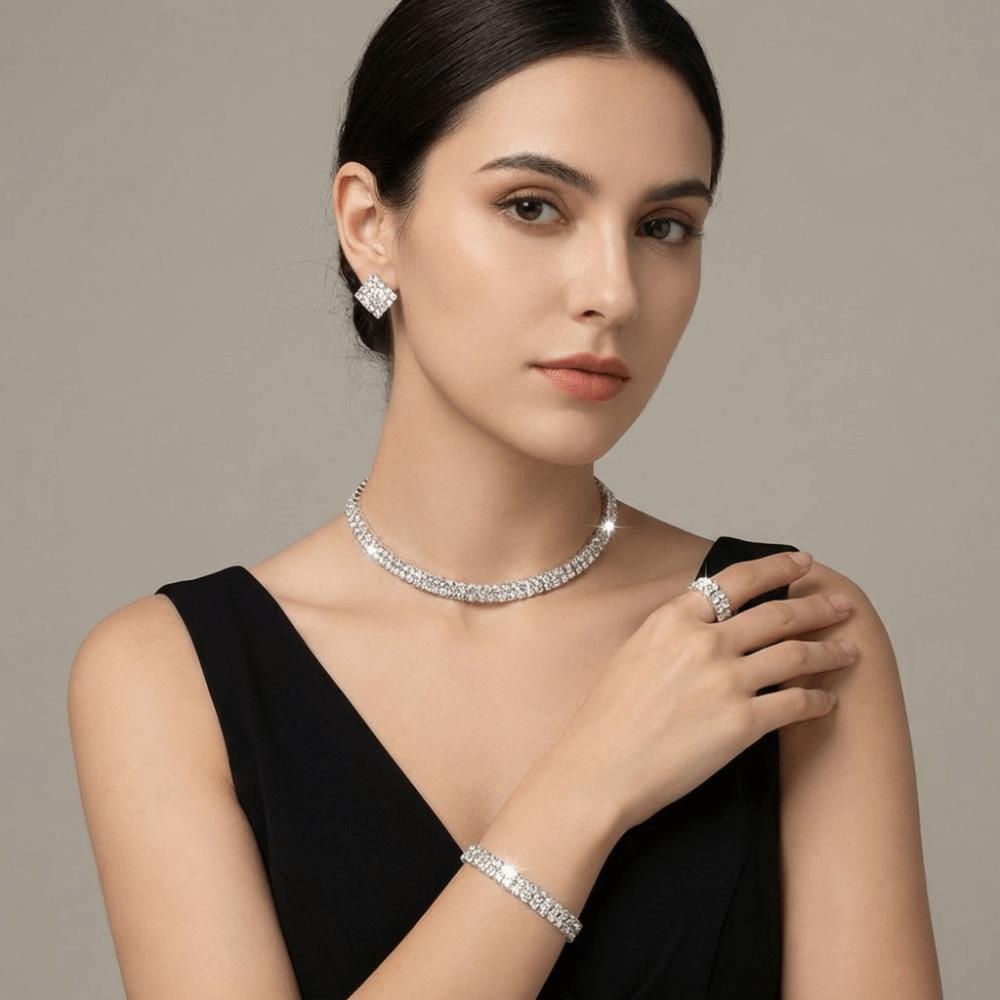 4Pcs Shiny Bridal Jewelry Set Multilayer Rhinestone Choker Bridal Party