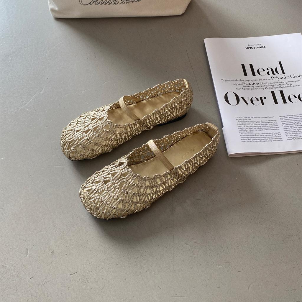 Retro gewebte Fischer-Schuhe Damen 2025 Sommer hohl atmungsaktiv flachmündig Einzel-Schuhe flache Mary Jane Sandalen mit Rock