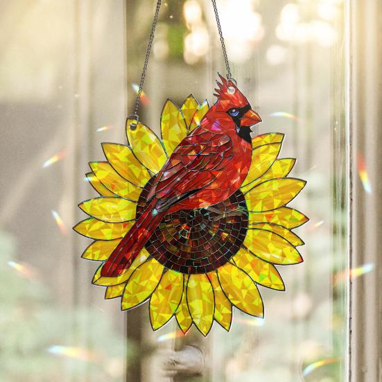 Red Bird Sunflower Acrylic Decoration Indoor Outdoor Garden Yard Window Wall Hanging Stained Glass Effect Suncatcher Bird Hanging Ornament Sign