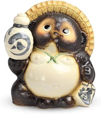 Shigaraki Pottery Tanuki Raccoon Dog with Sake Bottle Statue
