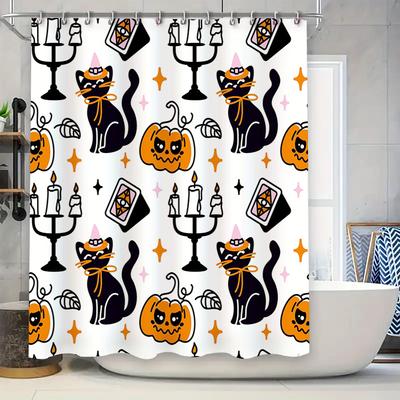 Halloween-themed Shower Curtain Featuring Cute Black Cats and Pumpkins Waterproof Bathroom Decor for Kids' Rooms or Holiday Part