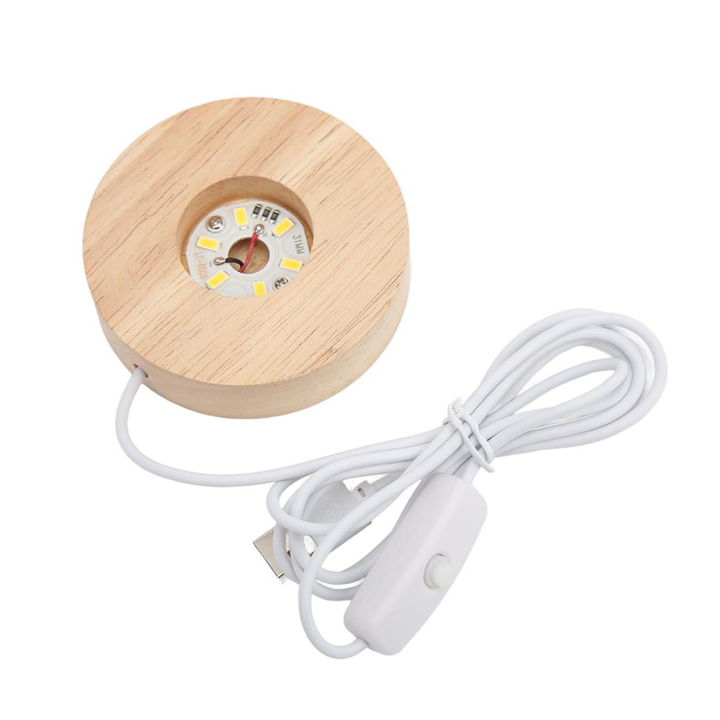 LED Light Base USB Interface Oak Wood Material Round 2cm 0.8in Thickness Glowing Decorative Display Lamp for Home 5V