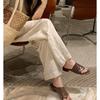 ~ Minimalist old money wind wide upper cowhide pleated versatile thick heel cool slippers female summer