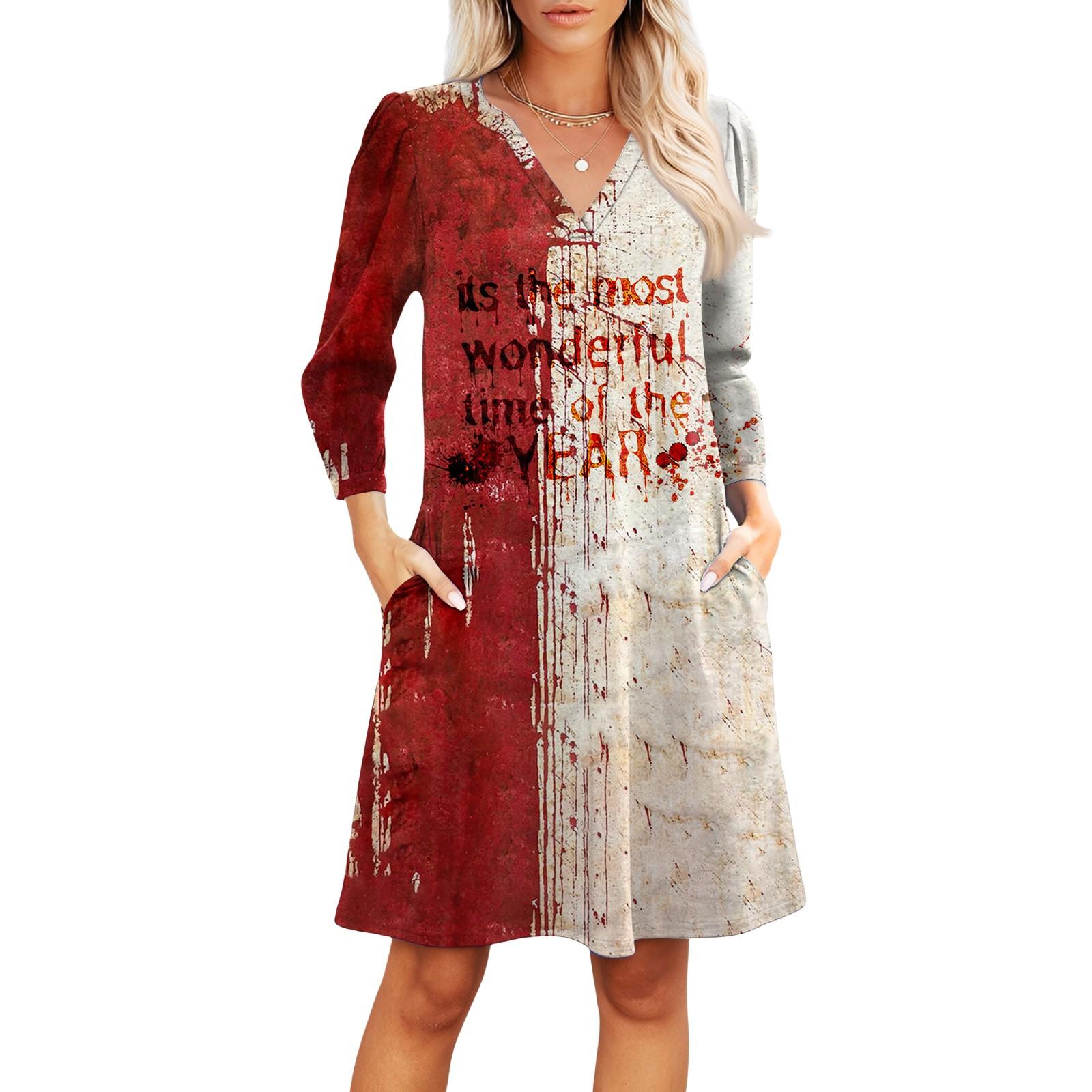 

Women s Fashion V-neck Casual Beach Dress Three-quarter Sleeves Halloween Print Dress L червоний