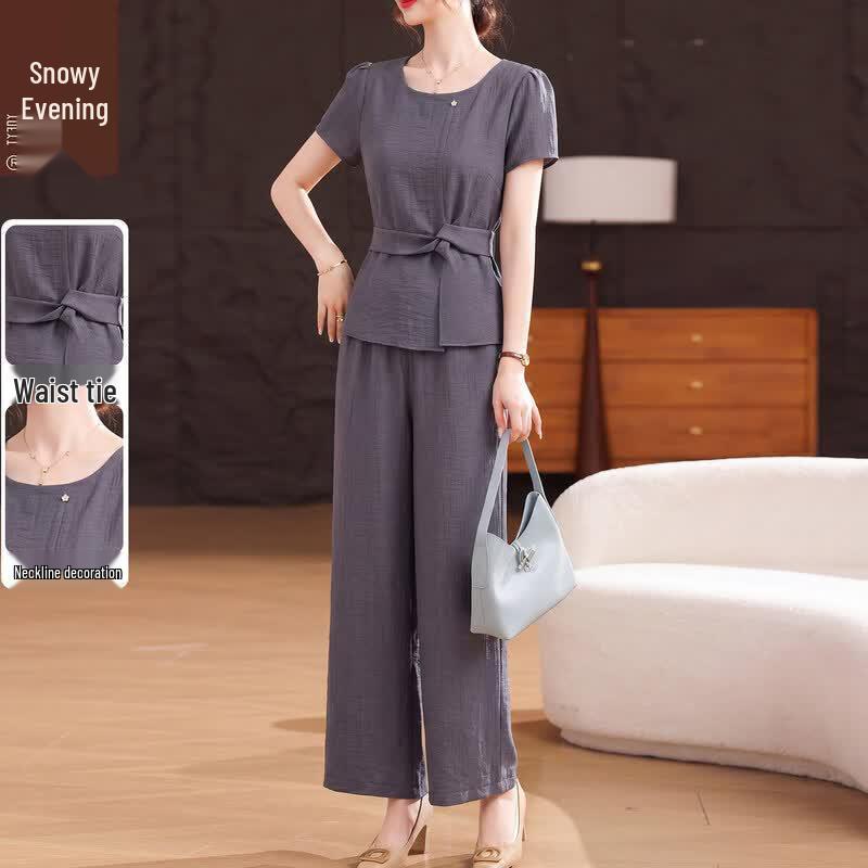 XUEXI Summer Short Sleeve Faux Two-Piece Dress for Middle-Aged Women 2XL
