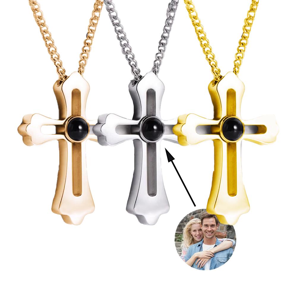 Custom Photo Projection Necklace with Photo Inside Cross Pendant Projection Photo Necklace for Men with Photo Projection
