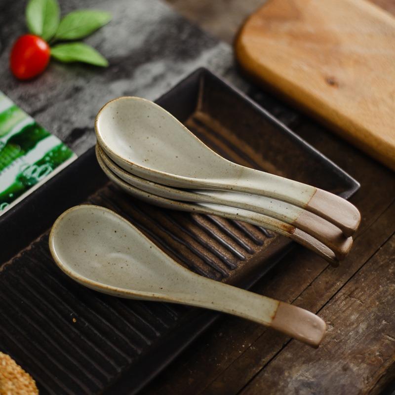 Japanese Handmade Clay Small Spoon Ceramics Creative Eating Spoon Soup Vintage Stoneware Tableware Household Kitchen Supplies