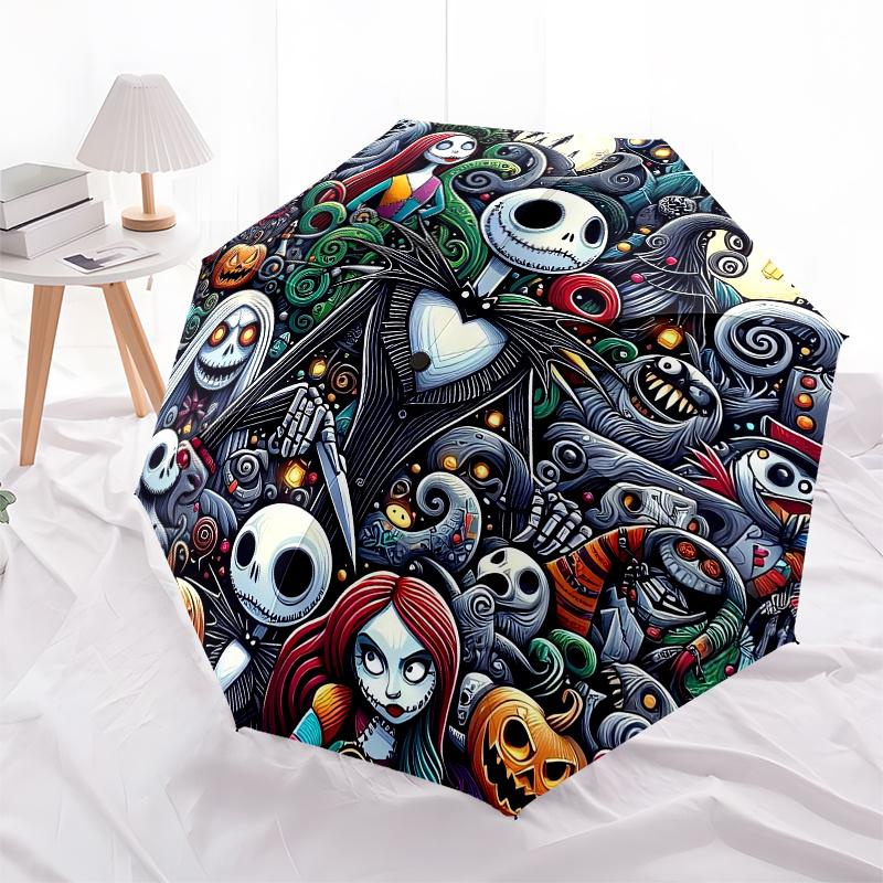 Nightmare Before Christmas,Halloween Automatic Umbrella - Tri-fold Portable Umbrella, Best Holiday Gift for Men and Women, Durable Iron Fram