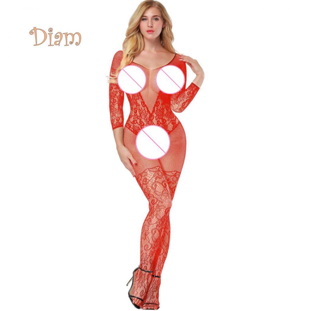 Lollipops Embroidery Hollow Mesh Crotchless Women Bodystocking Sexy See-through Bodysuit