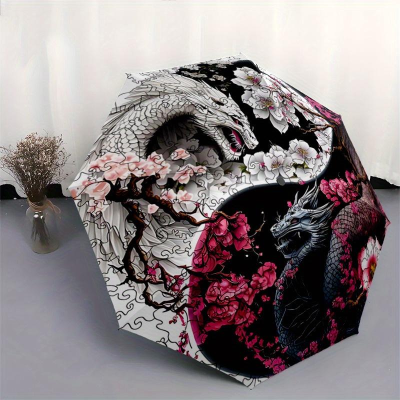 1pc Yin and Yang White Dragon and Black Dragon Automatic Folding Umbrella - 3 Folding Design, Vivid Cartoon Pattern, Suitable for Outdoor Activit