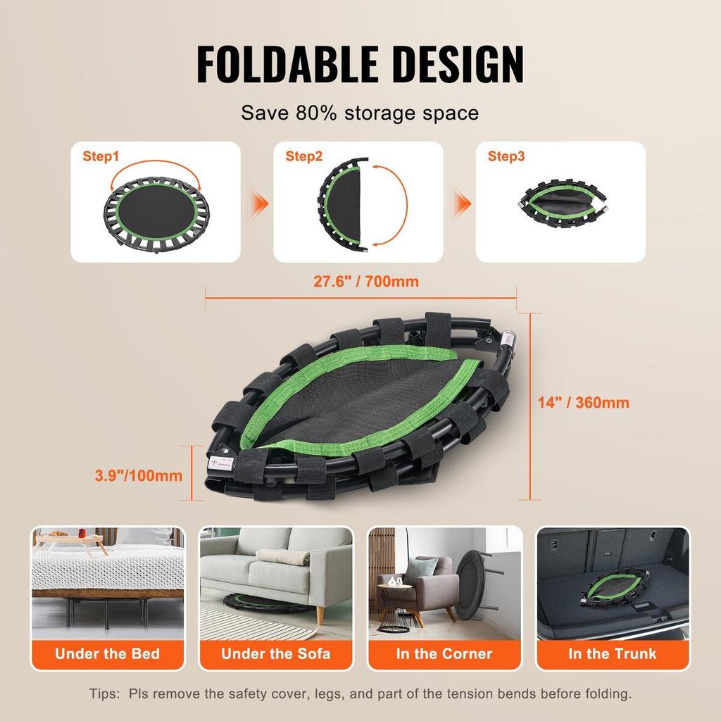 36" Foldable Mini Fitness Trampoline Adults Indoor Exercise Rebounder