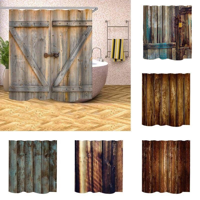 Cortina Rústica de Chuveiro Padrão Porta de Celeiro de Madeira Cortina de Banho Impermeável com Ganchos
