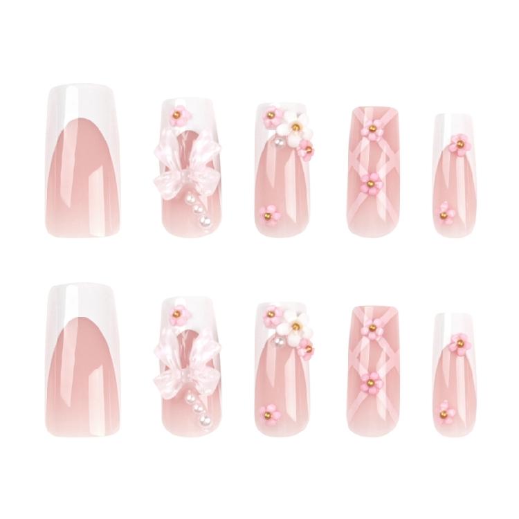 

Pink Press on Nails Medium Long DIY Nails Square 3D Flower Bowknot False Nails 1