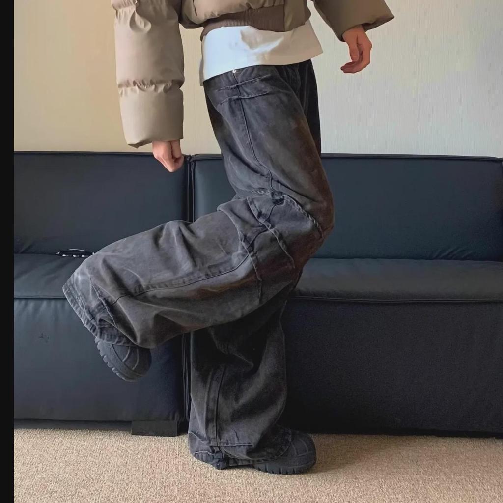 Vaqueros Unisex Americanos Retro Desgastados de Peso Pesado Wasteland: Pantalones plisados rectos holgados de pierna ancha de moda hip-hop