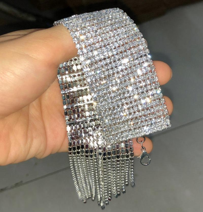 Hot Sale Full CZ Cubic Zirconia Wide Long Tassel Strand Bracelets for Women Silver Plated Copper Accessories Wholesale