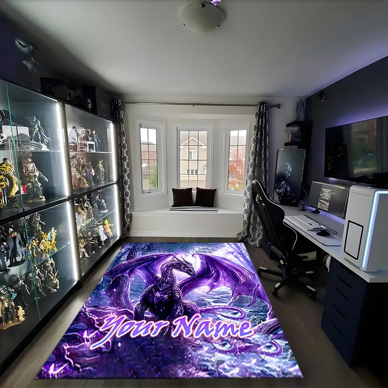 1PC Custom Name Purple Dragon Fantasy Theme Floor Mat Ideal for Living Room, Game Rooms, Office, Bedroom, Office Floor Mat , Floor Mats for Home