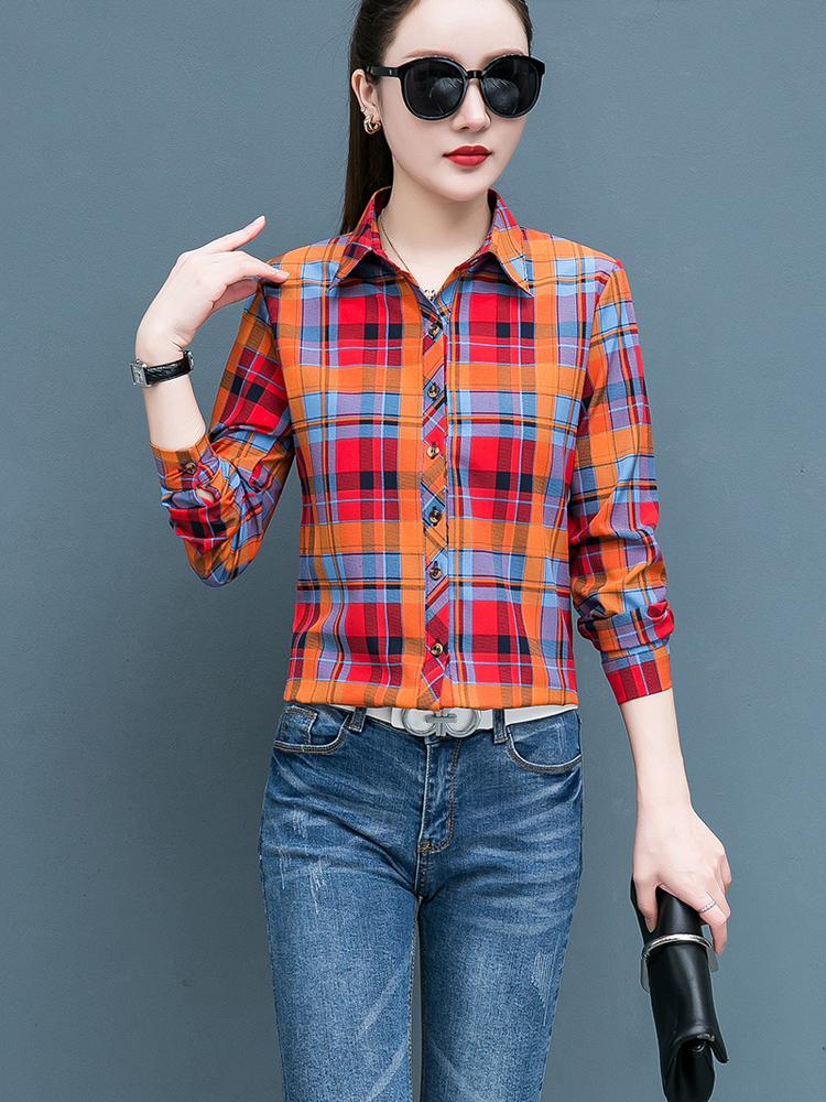 Geruit Overhemd Dames Honderd Dames Tops Los Retro Hong Kong Smaak Lange Mouw Overhemd