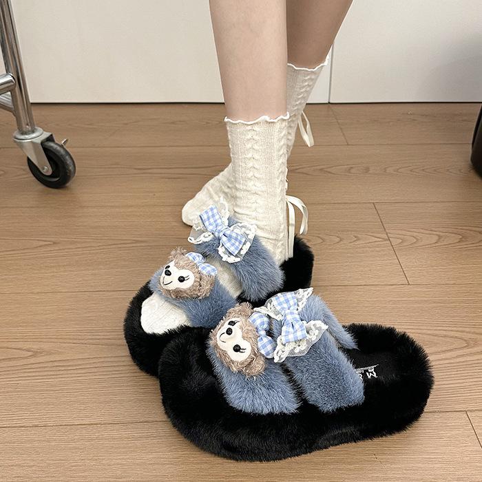 Cute Fluffy Slippers Women's Outer Wear 2025 New Home Indoor Non-slip Students Thick-bottomed Cotton Slippers