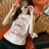White Crew Neck Shoulder Cotton Short Sleeve T-Shirt Women's American Retro Design Printed Casual Versatile Top Women