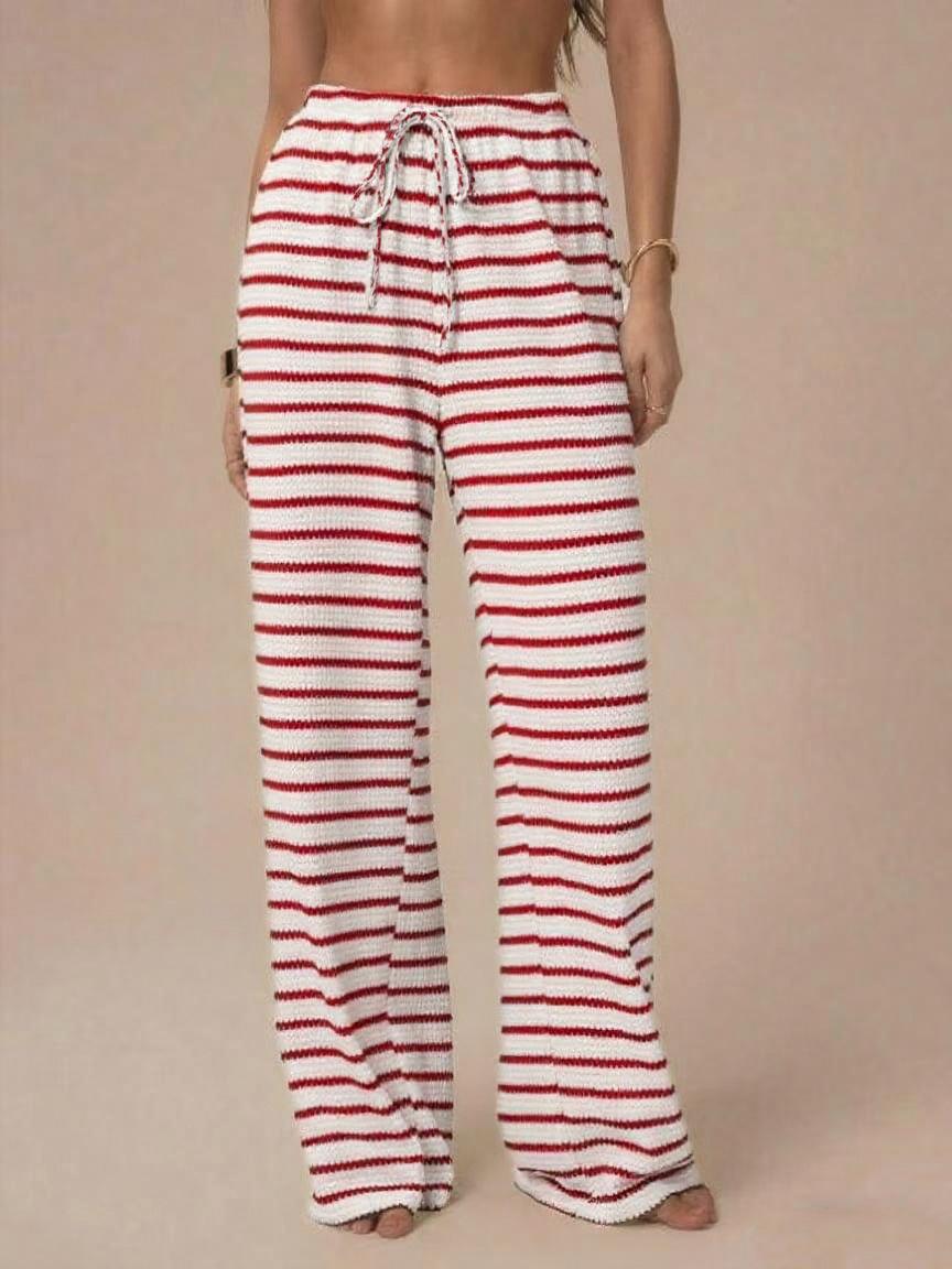 Women s Color Block Horizontal Stripe Wide-Leg Drawstring Pants Large красный