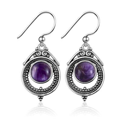 7x7MM Round Natural Charoite Drop Earrings Women Vintage Silver Plated Earring Jewelry Gifts