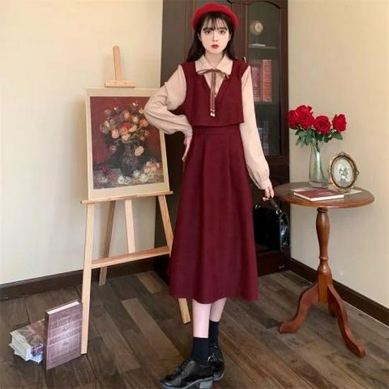 Women's Plus Size French Retro Red Corduroy Spliced Two-Piece Dress, Autumn/Winter Style