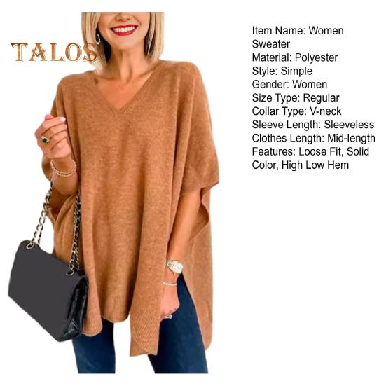 Women Sweater V-Neck Batwing Style Sleeveless Loose Fit Casual Top Solid Color High Low Hem Knit Autumn Winter Sweater Vest