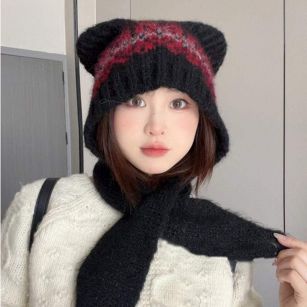 Cute Wool Blended Bear Hat for Women in Autumn and Winter Maillard Face Showing Small Warm Ear Protection Scarf Integrated Woolen Hat