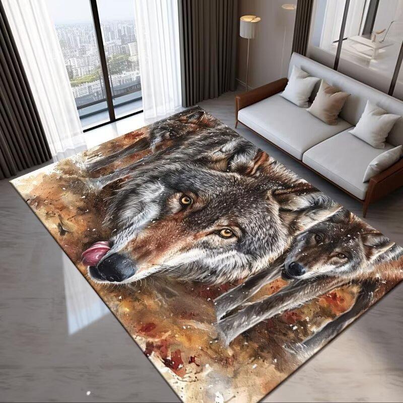 Braunbär und Wolf Wildtiermuster Teppich Weich und Rutschfest für Wohnzimmer Couchtisch Stuhl und Tischmatte