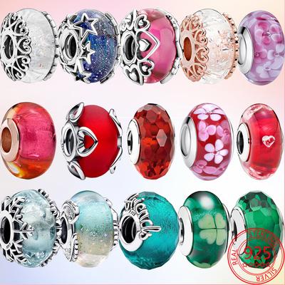 Original S925 Sterling Silver Pink Murano Glass Green Murano Bead Charm Fit  3mm Bracelets Trendy Party Women Jewelry