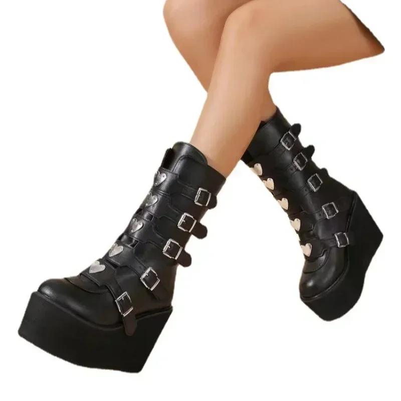 Fashion Gothic Street Cool Woman Boots Wedges Buckles Big Size 43 Glittered Black Chunky Platform Motorcycles Boots Women