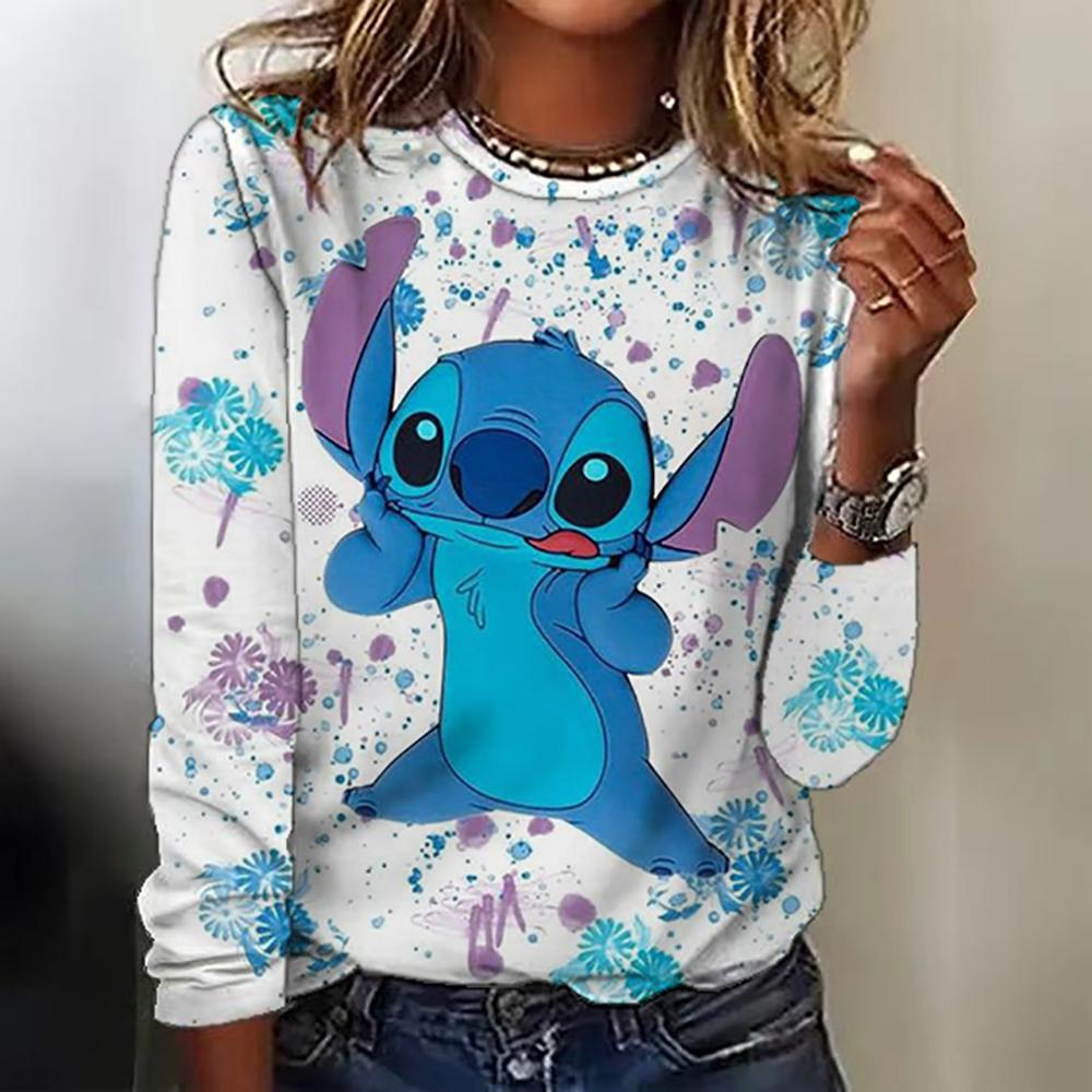 New women's round neck T-shirt long sleeved top Disney Christmas Stitch print fashionable and trendy women's T-shirt top for aut