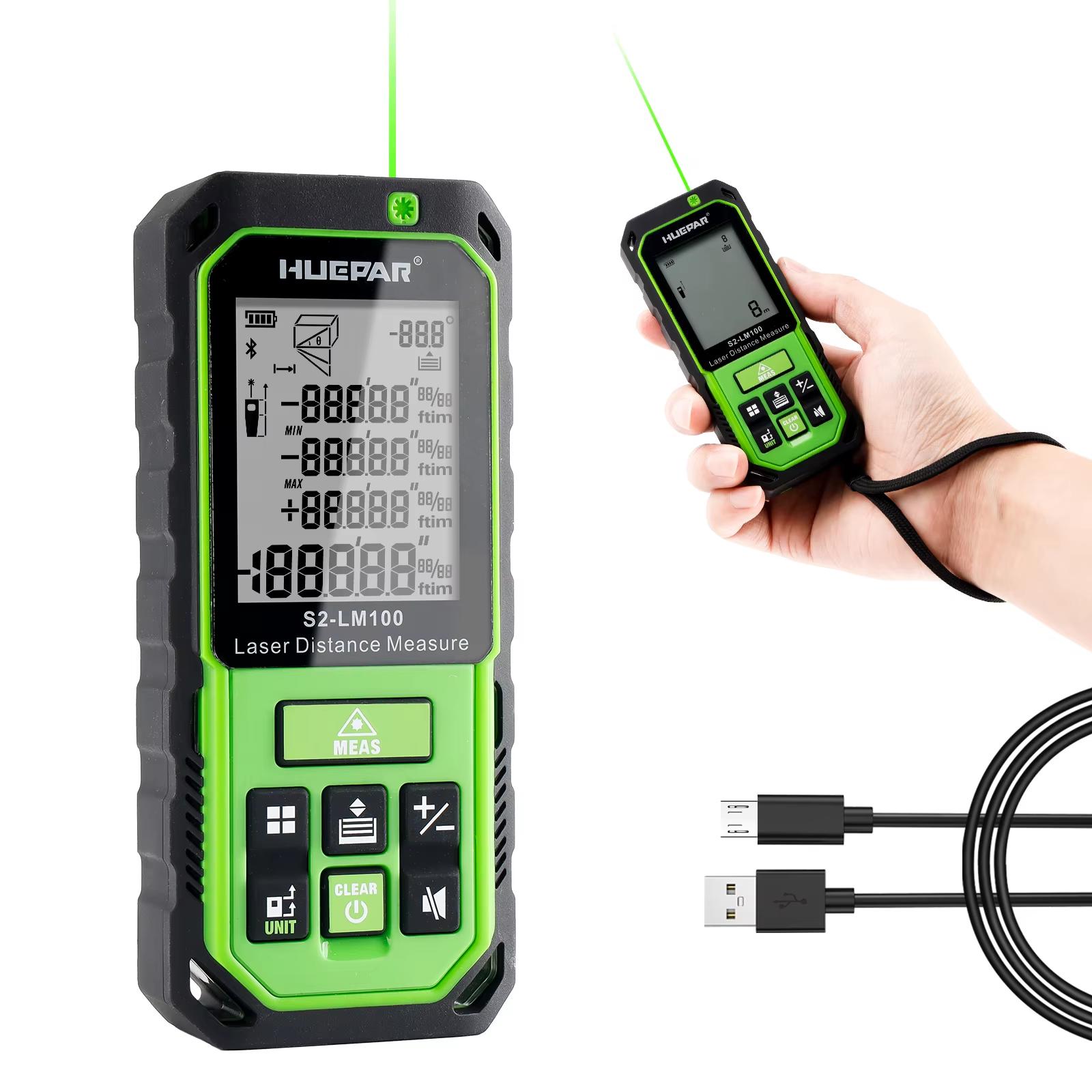 

Huepar 100M Green Beam Laser RangeFinder Distance Measure Rechargeable Measurement Tool M/in/Ft Digital Meter with Angle Sensor 100m зелений