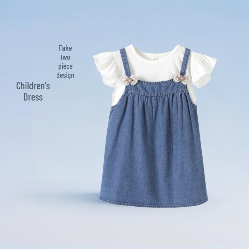 

Girls Summer Denim Two-Piece Look Pastoral Dress 2025 90cm (Runs Small) темно-синий