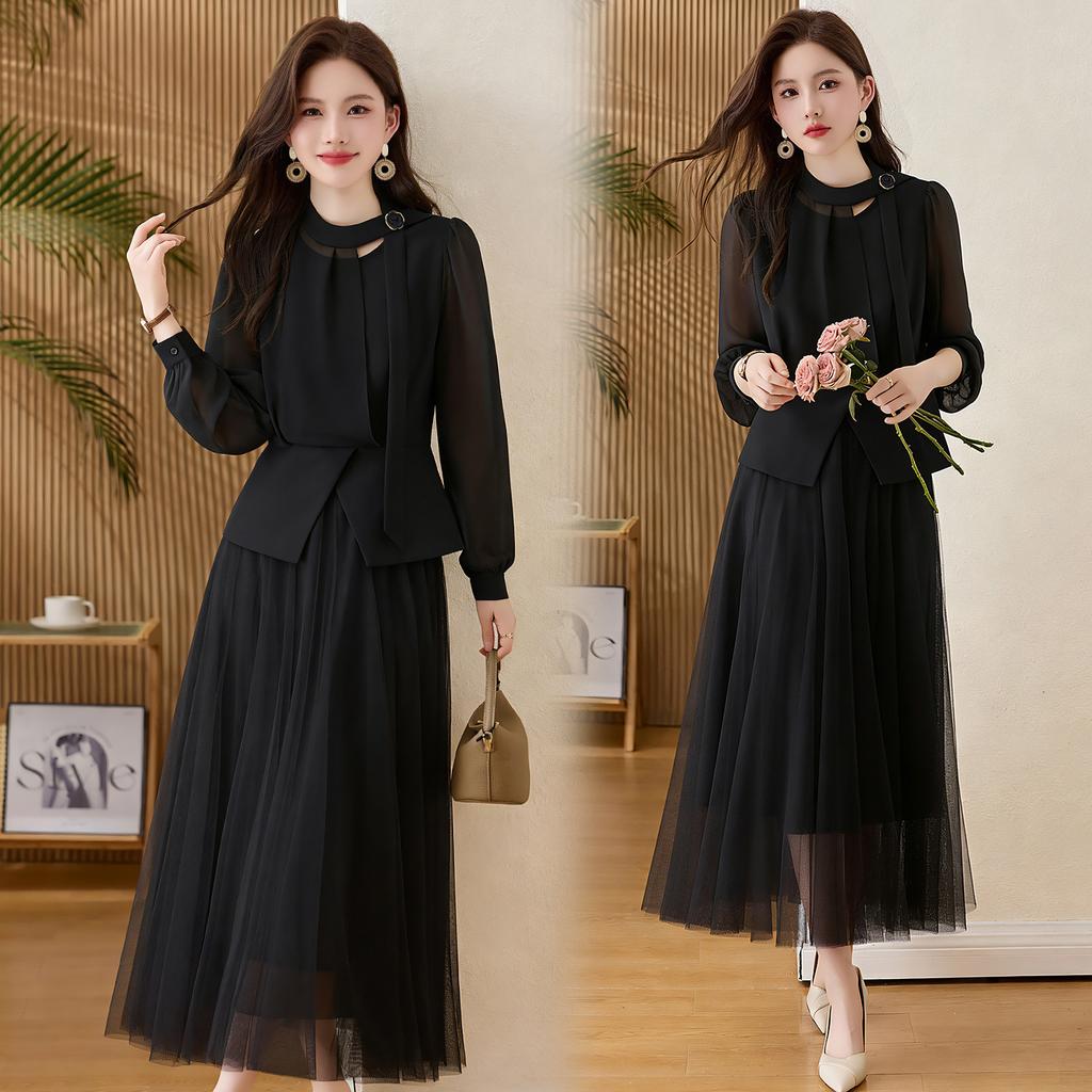 1116 Autumn New Chiffon Top Wide Leg Long Skirt Foreign Style Age Reduction Two-piece Set Women's Fashion Casual Women's Clothing Set
