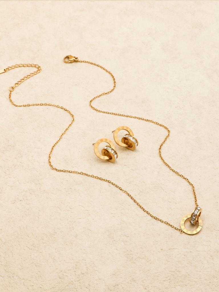 3pcs  Double Ring Creative Earrings Advanced Roman Digital Zircon Necklace Romantic Women’s Stainless Steel Jewelry Set