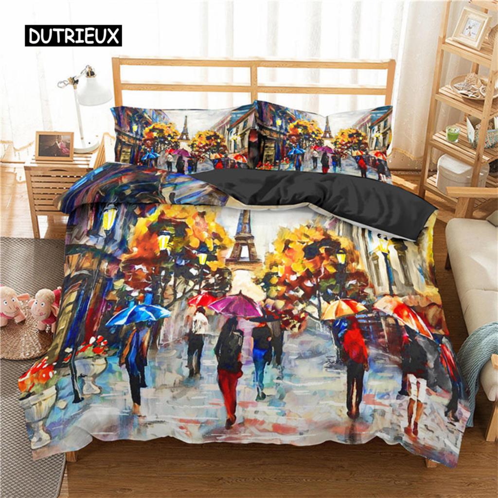 France Eiffel Tower Duvet Cover Romantic Couple Comforter Cover Microfiber France Paris Cityscape Bedding Set For Adults Decor