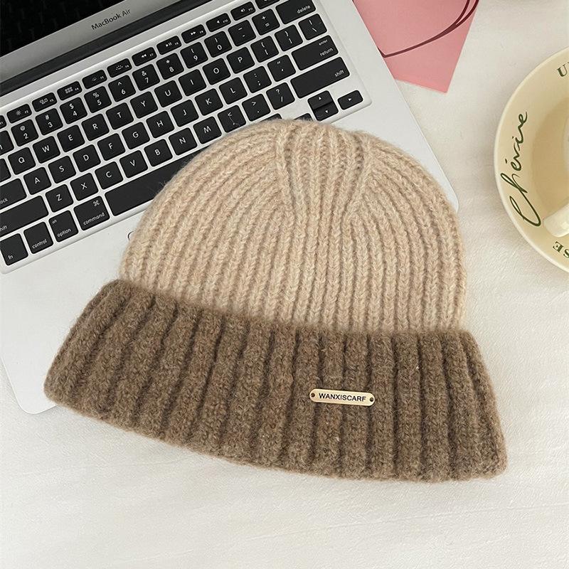 Women Autumn Winter  New Knitted Beanie Cap Korean Version Thickened Warm Color Matching Couple Student Fashion Wool Hat Men