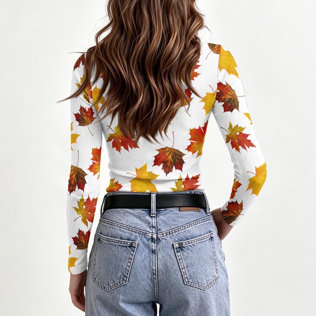 Women's Slim Fit Long Sleeve T-Shirt with Maple Leaf Print Crewneck Casual Top for Fall and Winter