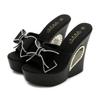 Fashion 2025 Womens Slippers Creepers Shoes Platform Bowknot Rhinestones Crystal Wedge Super 13CM High Heel New Summer Hollow Black