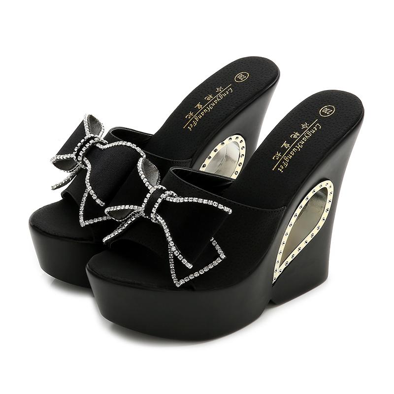Fashion 2025 Womens Slippers Creepers Shoes Platform Bowknot Rhinestones Crystal Wedge Super 13CM High Heel New Summer Hollow Black