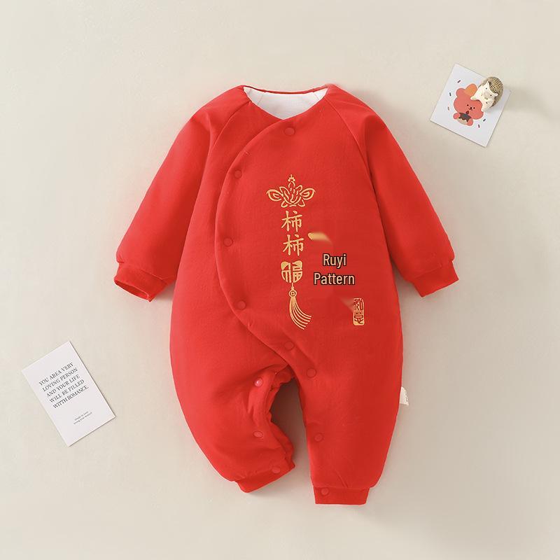 Newborn Red Cotton Onesie: Winter Warm Padded Jumpsuit for Autumn Crawling and New Year Celebrations.